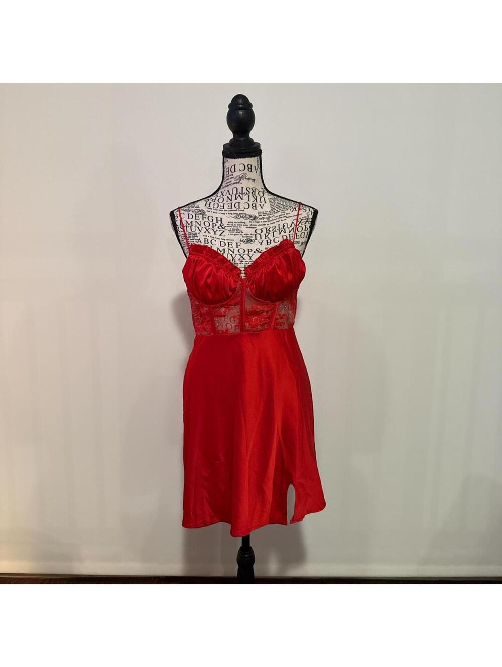 Red satin and lace dress with adjustable straps